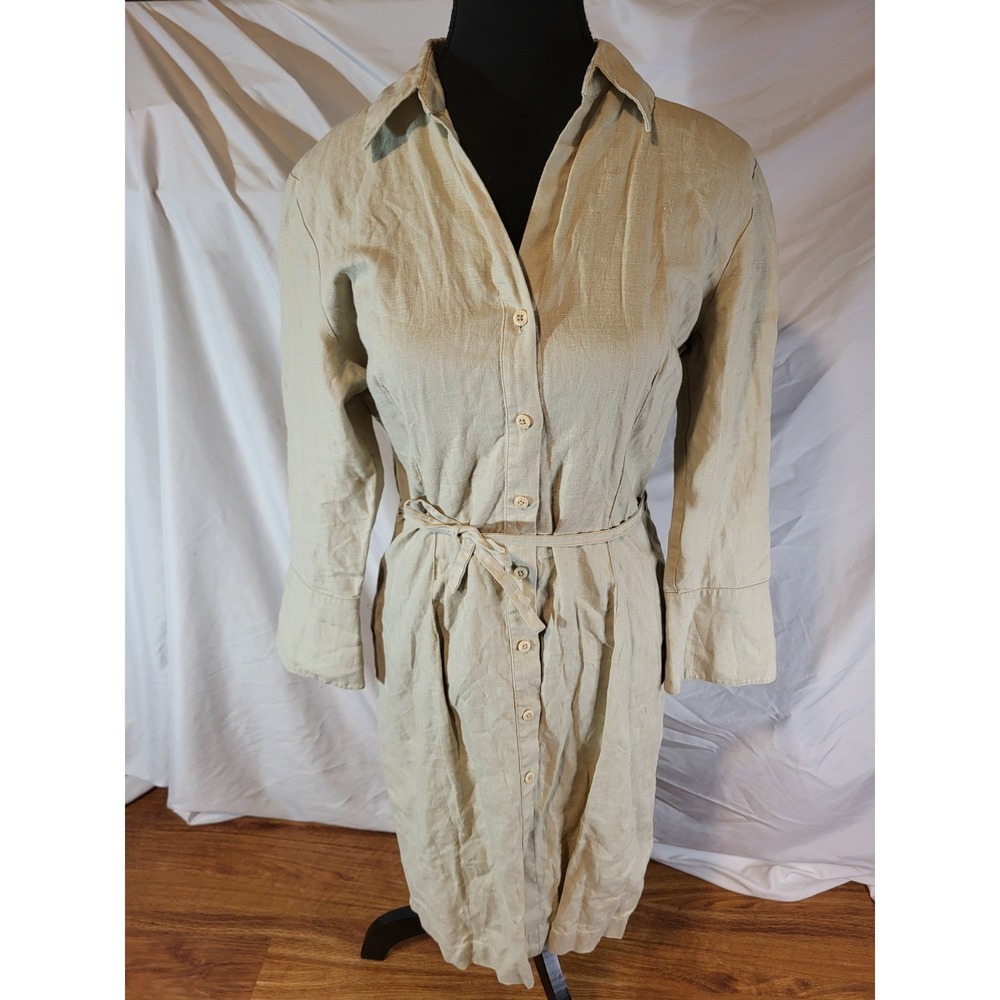 Mexx Size US Small Beige Collared 100% Linen Button Front Dress Minimalist Clean